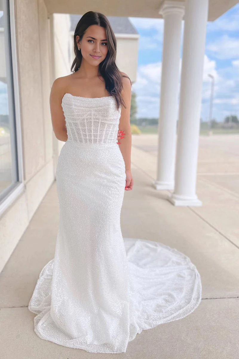 Wholesa Mermaid Sparkly Sequins Strapless Wedding Dresses